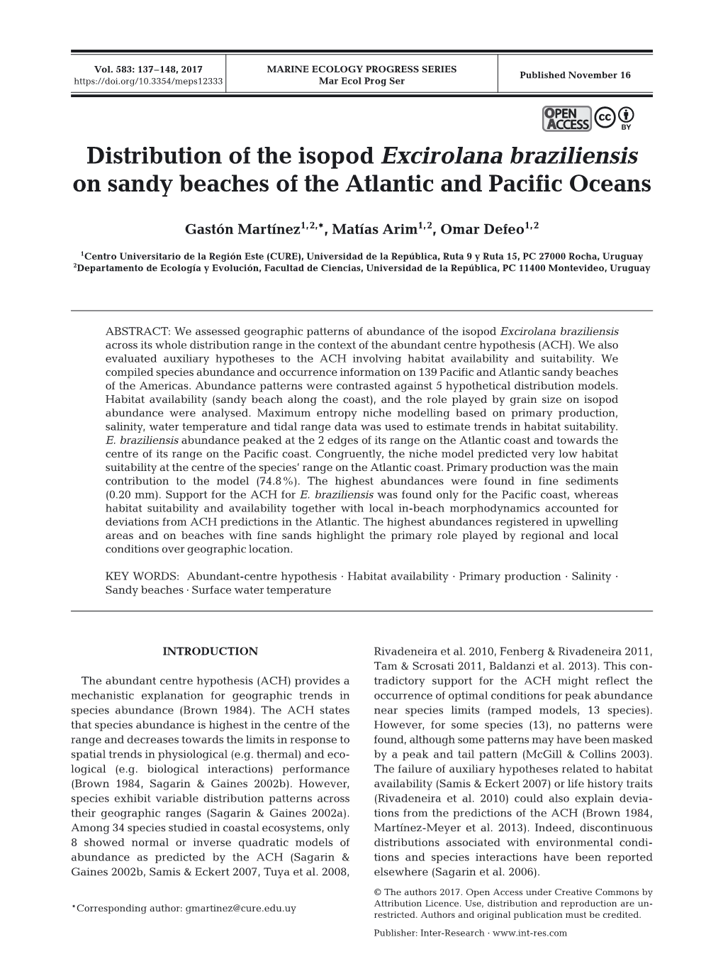 Distribution of the Isopod Excirolana Braziliensis on Sandy Beaches of the Atlantic and Pacific Oceans