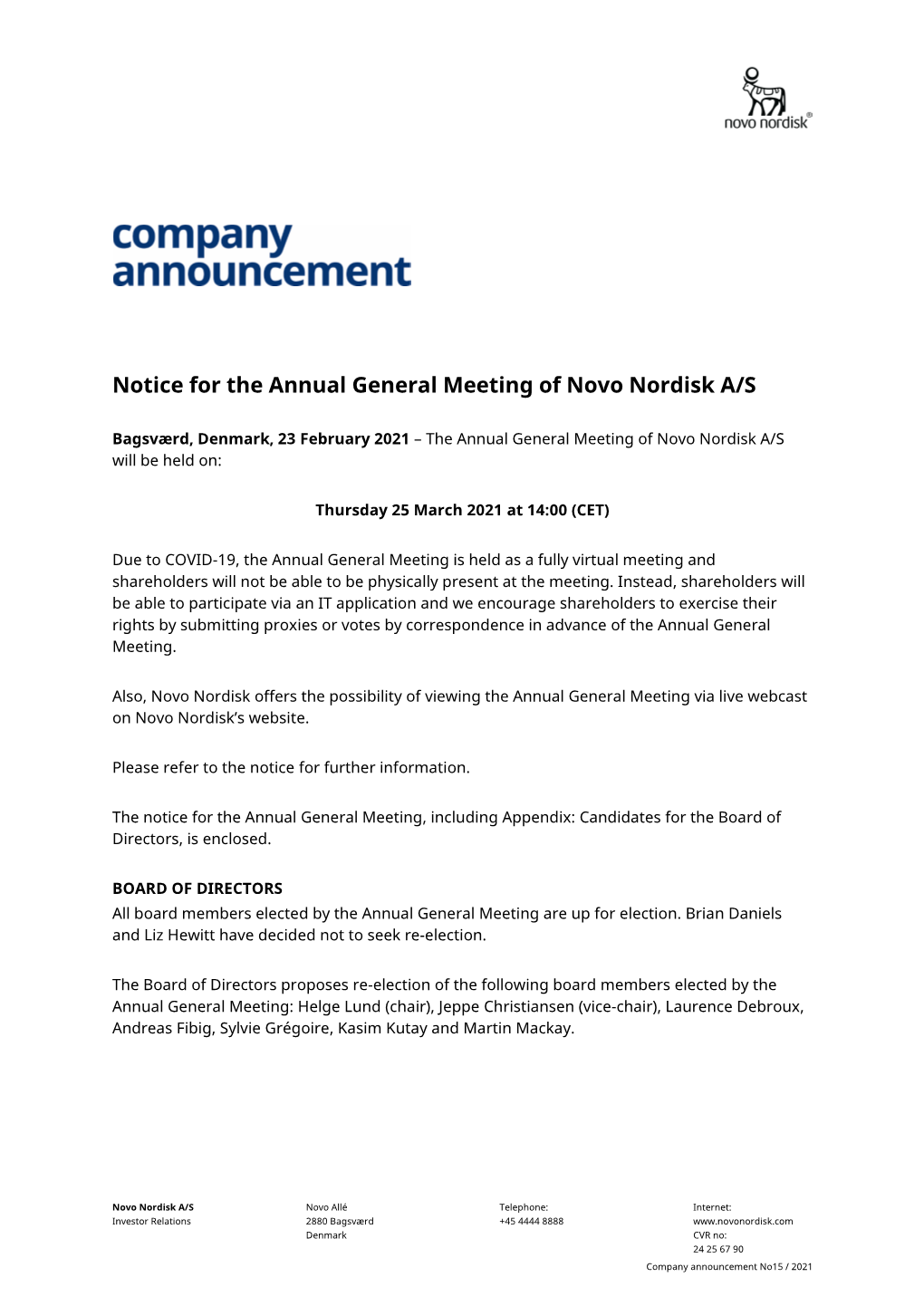 Notice for the Annual General Meeting of Novo Nordisk A/S