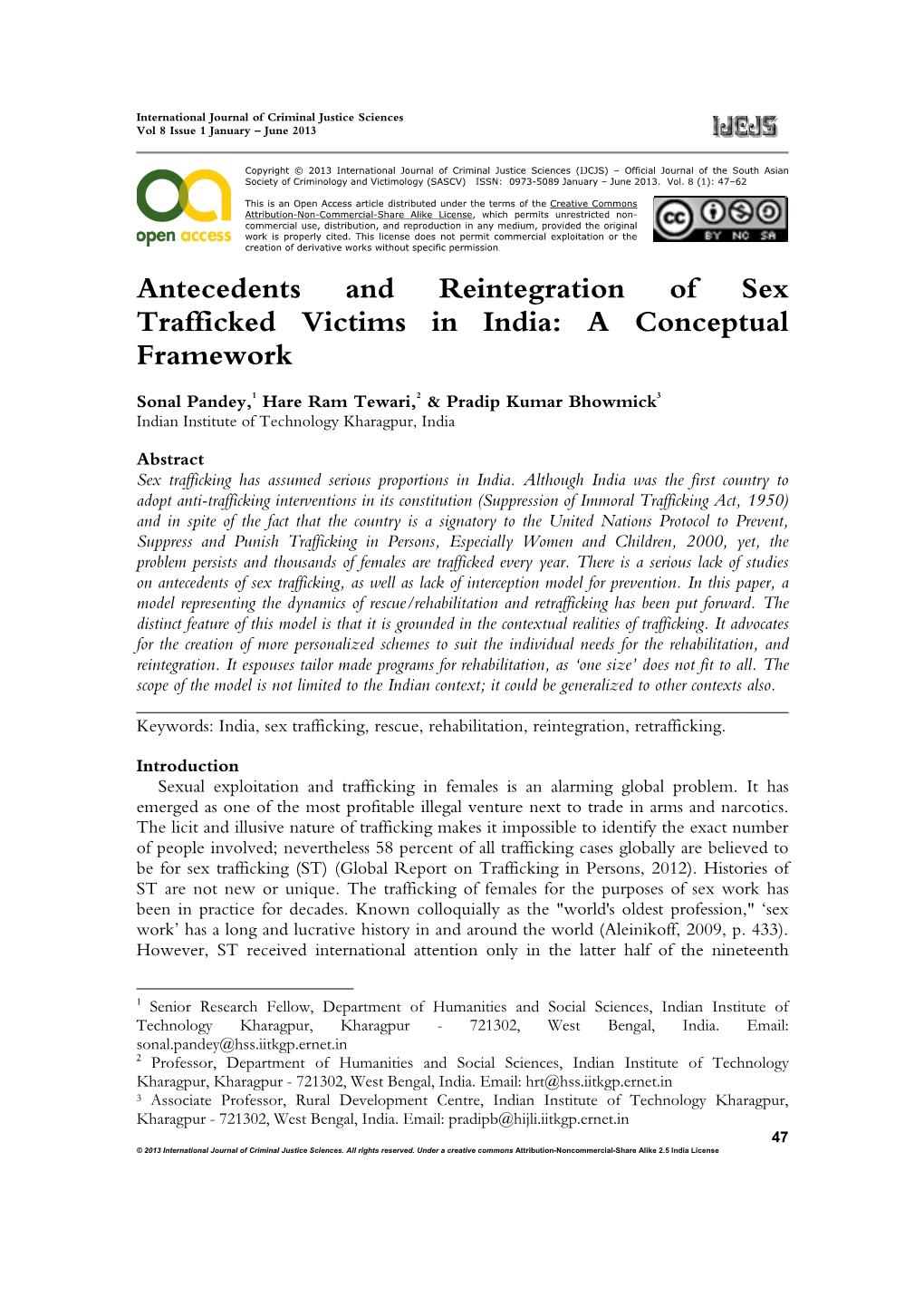 Antecedents and Reintegration of Sex Trafficked Victims in India: a Conceptual Framework