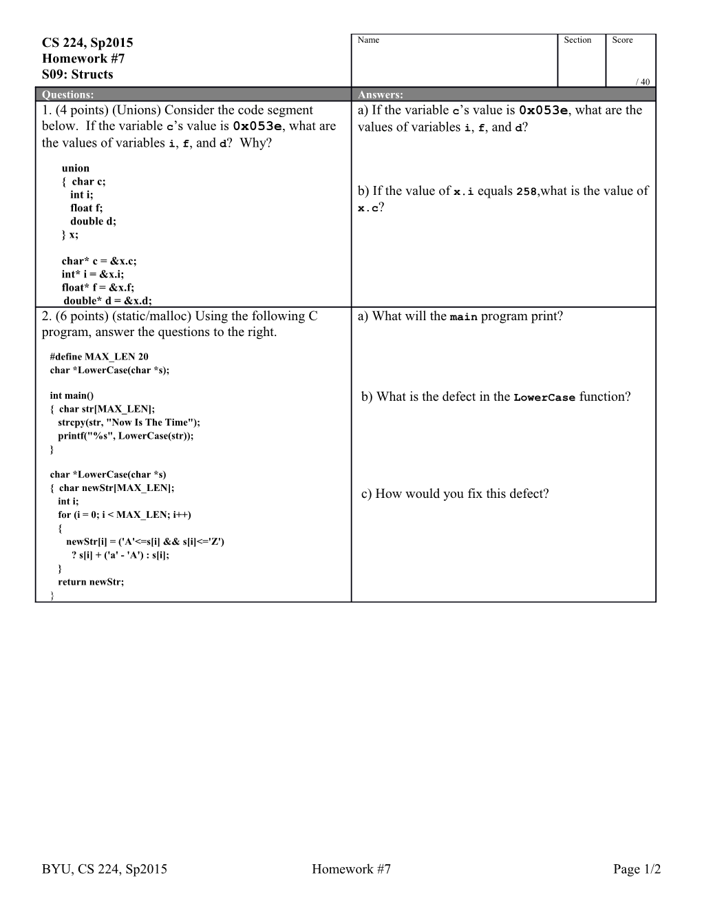 BYU, CS 224, Sp2015 Homework #7 Page 1/2