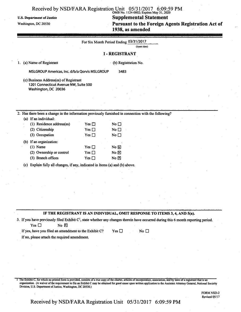 Supplemental Statement Washington, DC 20530 Pursuant to the Foreign Agents Registration Act of 1938, As Amended