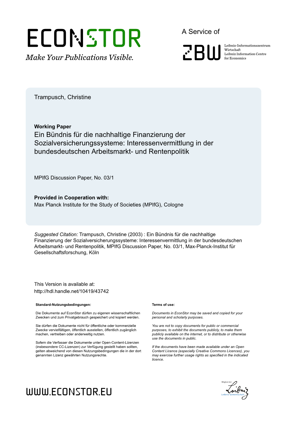 Mpifg Discussion Paper 03/1, Christine Trampusch