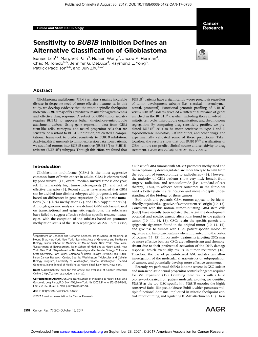 Sensitivity to BUB1B Inhibition Defines an Alternative Classification of Glioblastoma