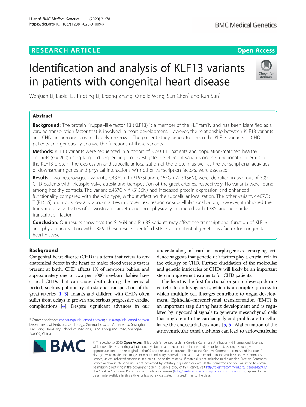 Identification and Analysis of KLF13 Variants in Patients with Congenital Heart Disease