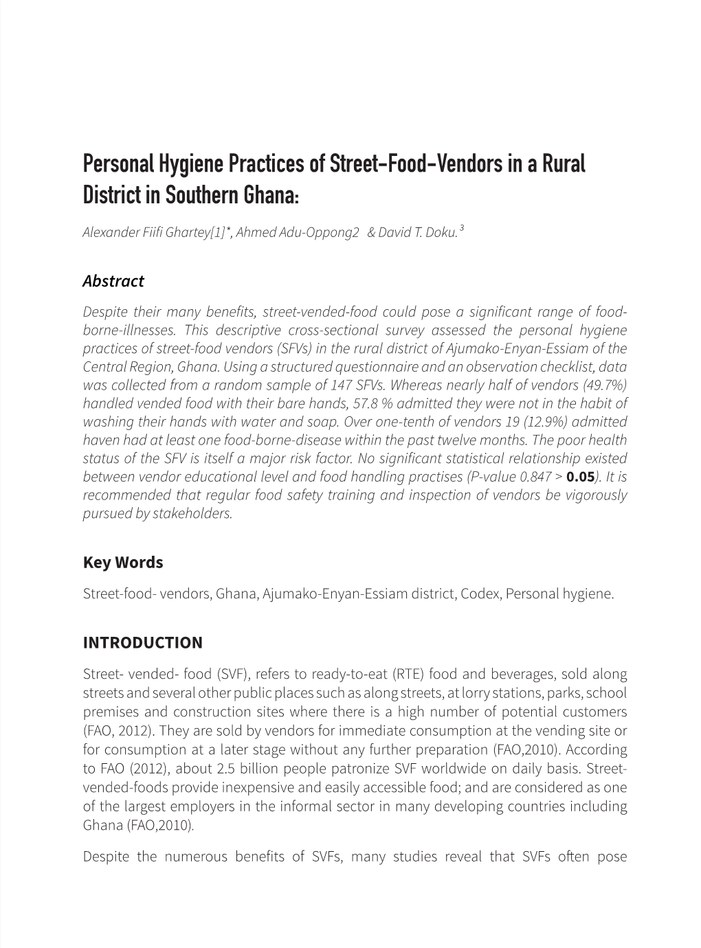 Personal Hygiene Practices of Street-Food-Vendors in a Rural District in Southern Ghana
