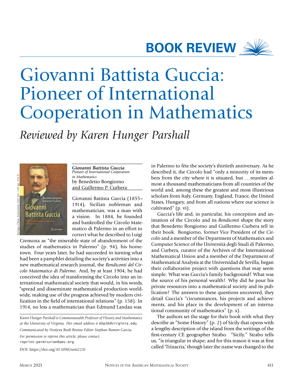 Giovanni Battista Guccia: Pioneer of International Cooperation in Mathematics Reviewed by Karen Hunger Parshall