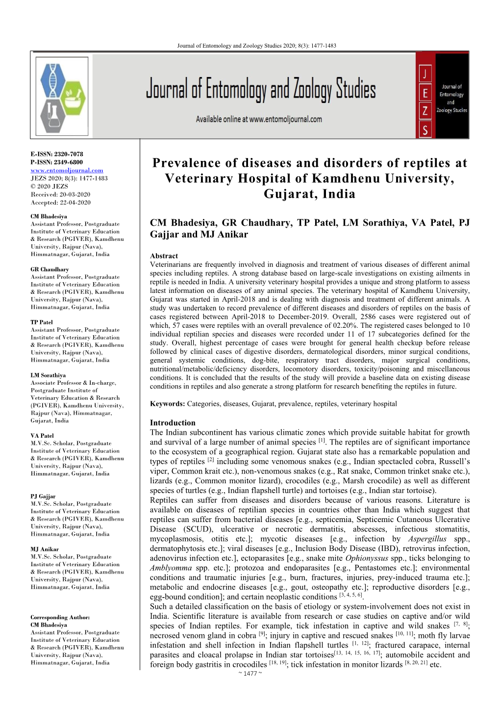 Prevalence of Diseases and Disorders of Reptiles at Veterinary Hospital of Kamdhenu University, Gujarat, India