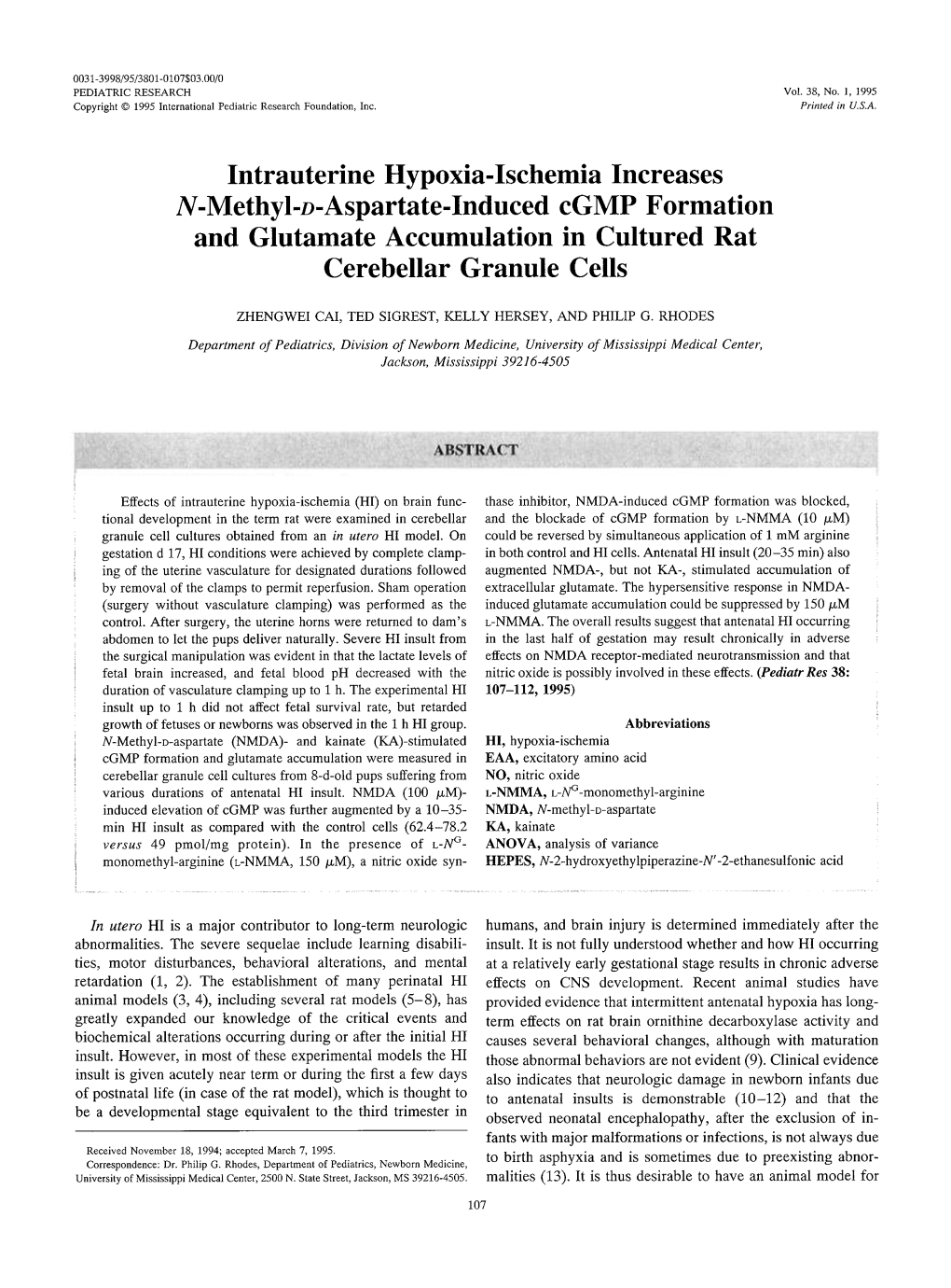 Intrauterine Hypoxia-Ischemia Increases N-Methyl-D-Aspartate-Inducedcgmp Formation and Glutamate Accumulation in Cultured Rat Cerebellar Granule Cells