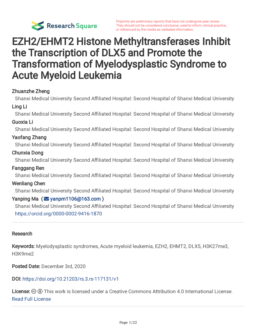 EZH2/EHMT2 Histone Methyltransferases Inhibit the Transcription of DLX5 and Promote the Transformation of Myelodysplastic Syndrome to Acute Myeloid Leukemia