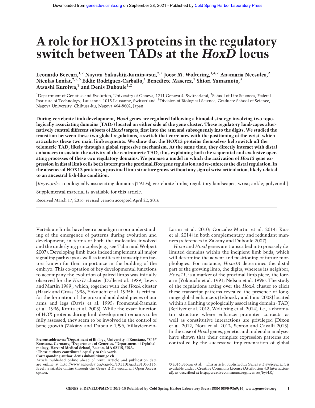 A Role for HOX13 Proteins in the Regulatory Switch Between Tads at the Hoxd Locus