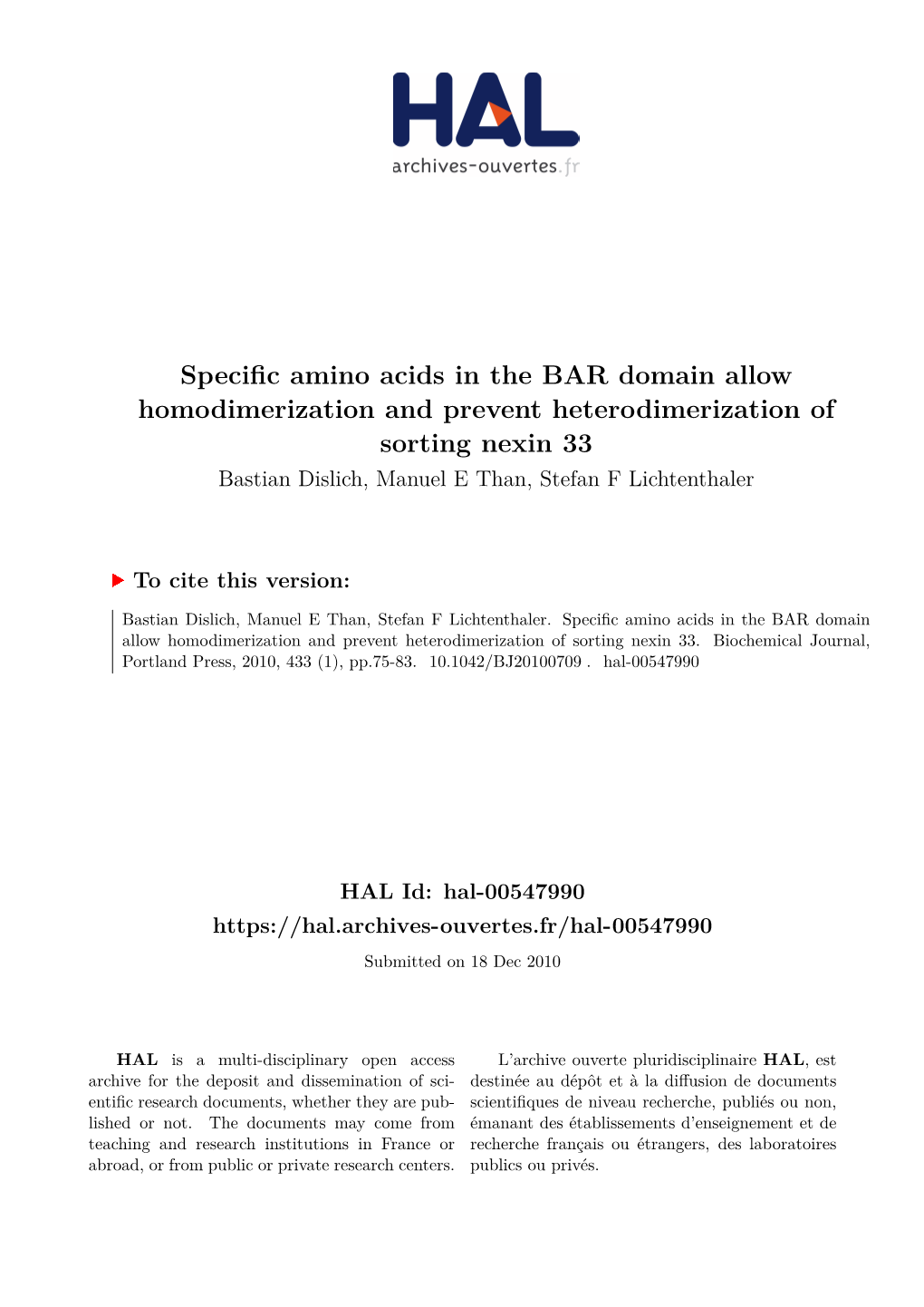 Specific Amino Acids in the BAR Domain Allow Homodimerization