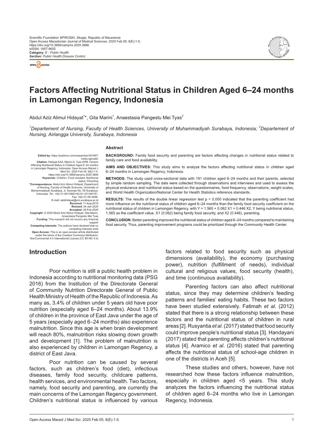 Factors Affecting Nutritional Status in Children Aged 6–24 Months in Lamongan Regency, Indonesia