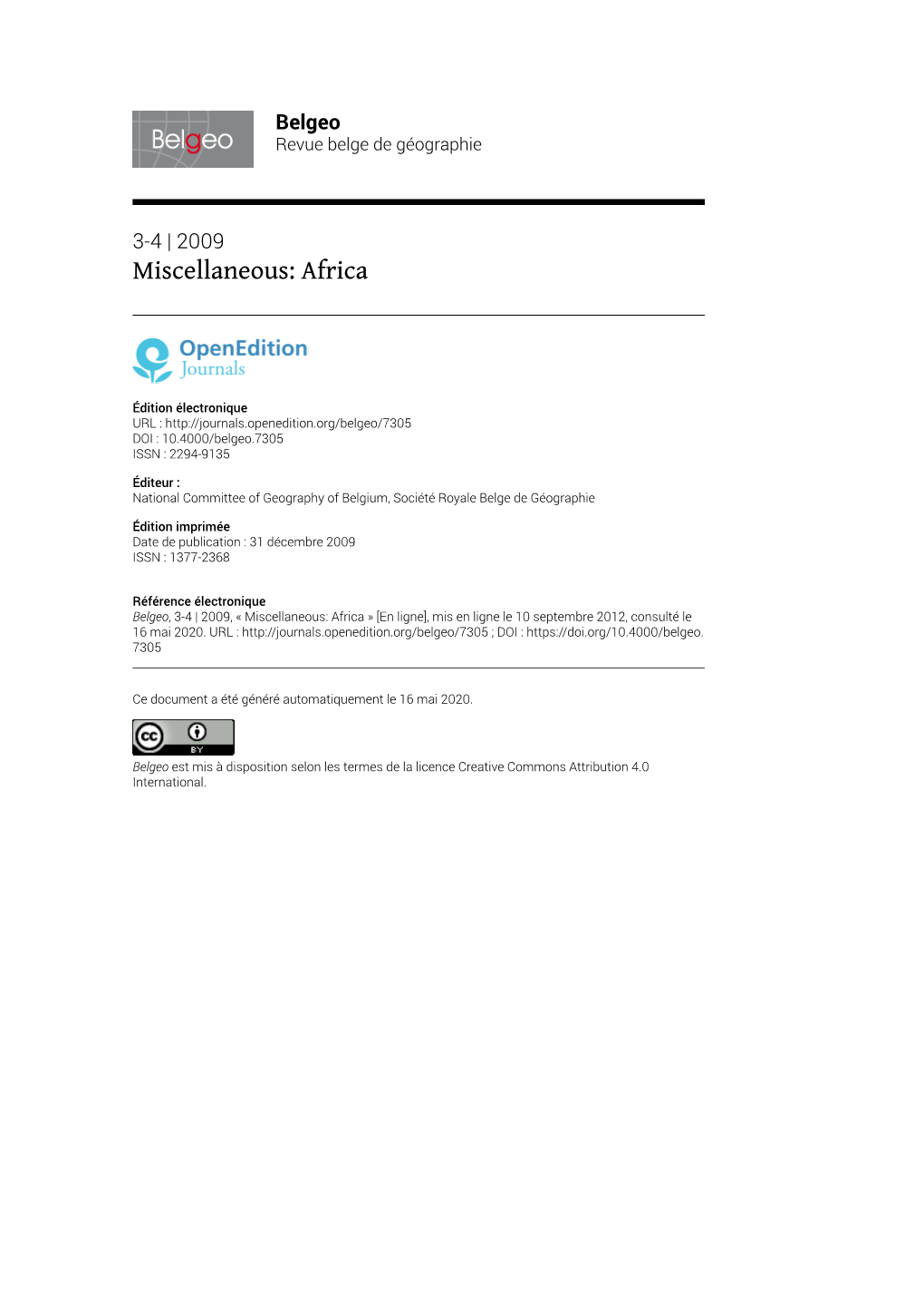 Belgeo, 3-4 | 2009, « Miscellaneous: Africa » [En Ligne], Mis En Ligne Le 10 Septembre 2012, Consulté Le 16 Mai 2020