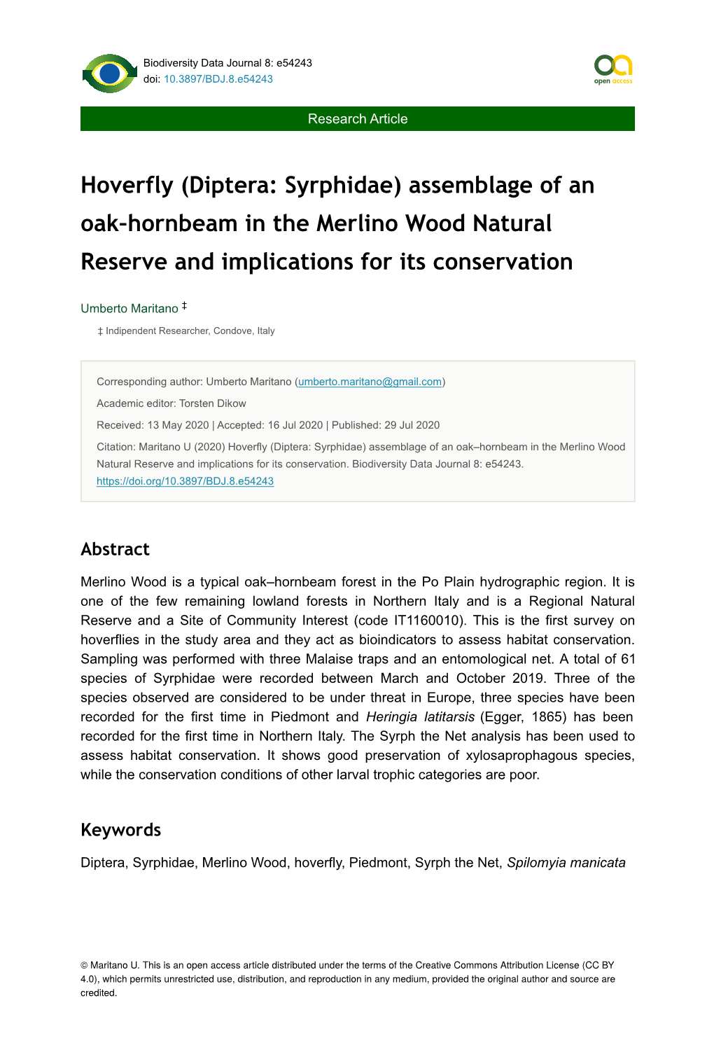 Hoverfly (Diptera: Syrphidae) Assemblage of an Oak–Hornbeam in the Merlino Wood Natural Reserve and Implications for Its Conservation