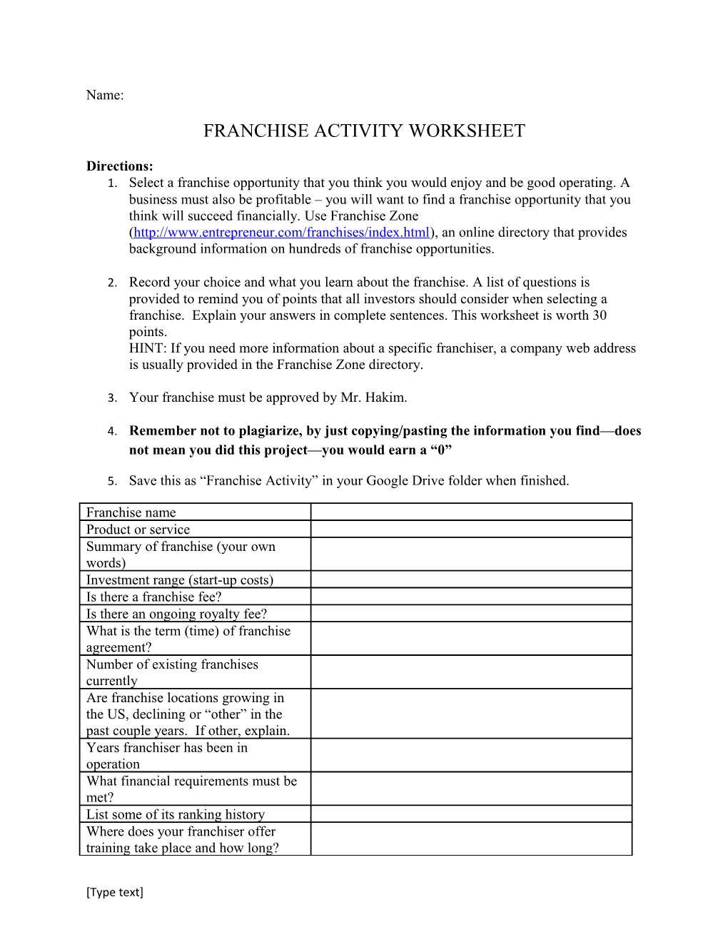 Franchise Activity Worksheet