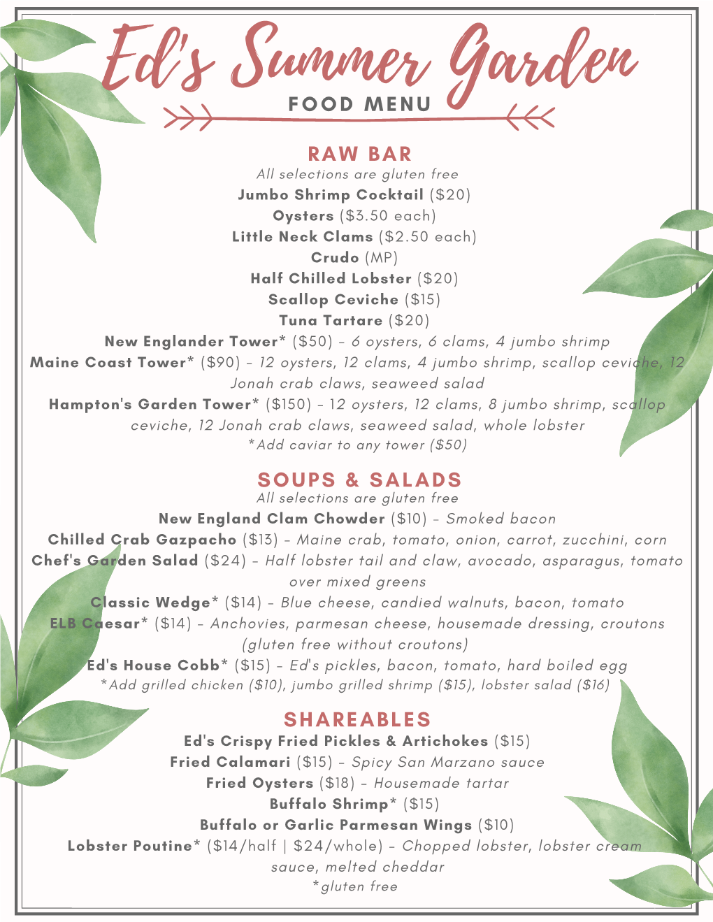 Ed's Summer Garden Food Menu 7.2.20