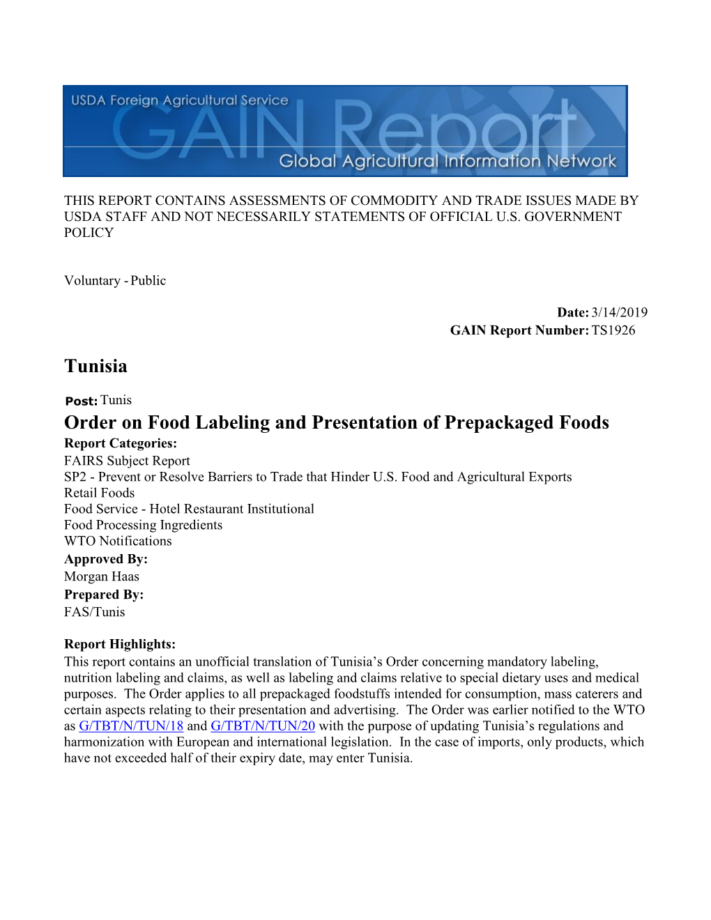 Tunisia Order on Food Labeling and Presentation of Prepackaged Foods