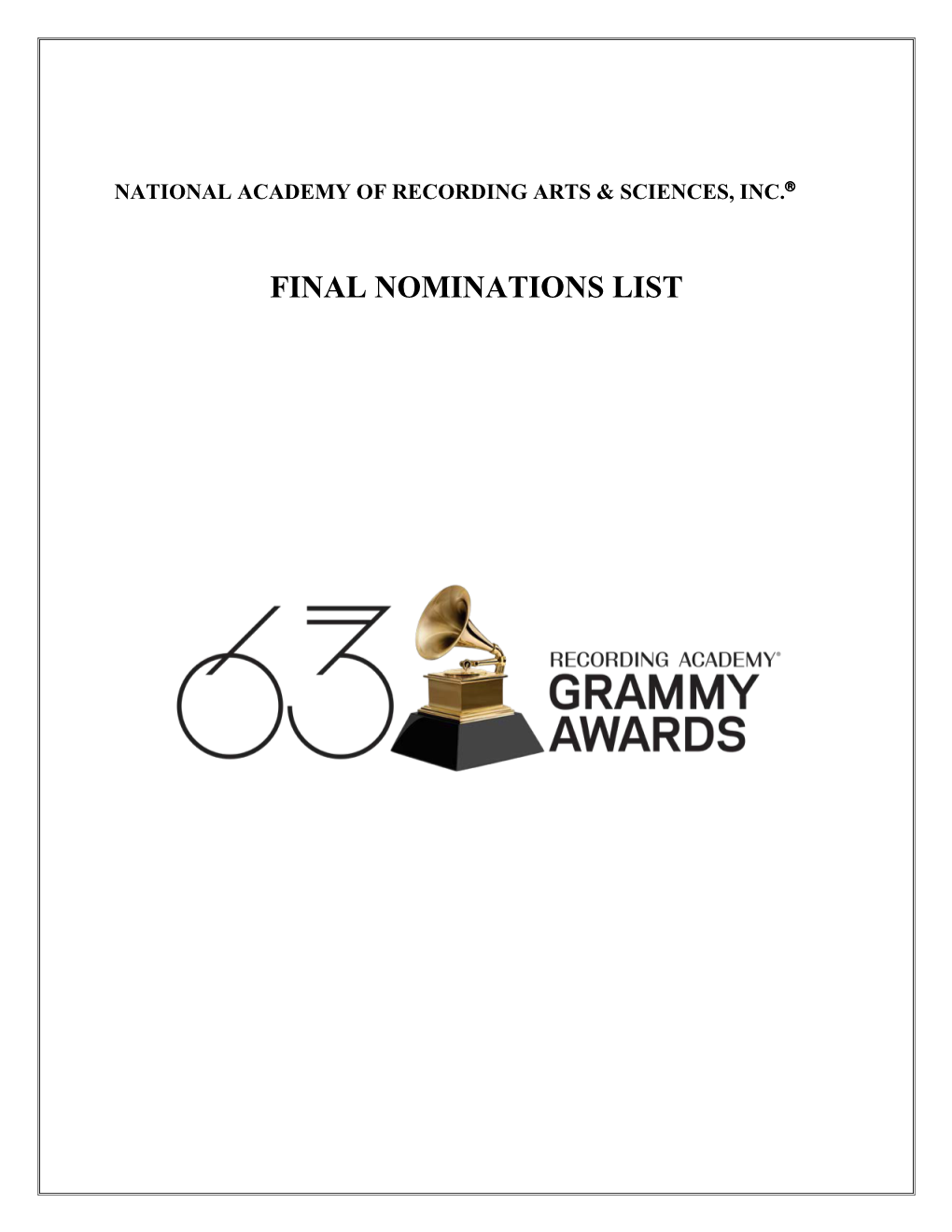 Final Nominations List the National Academy of Recording Arts & Sciences, Inc