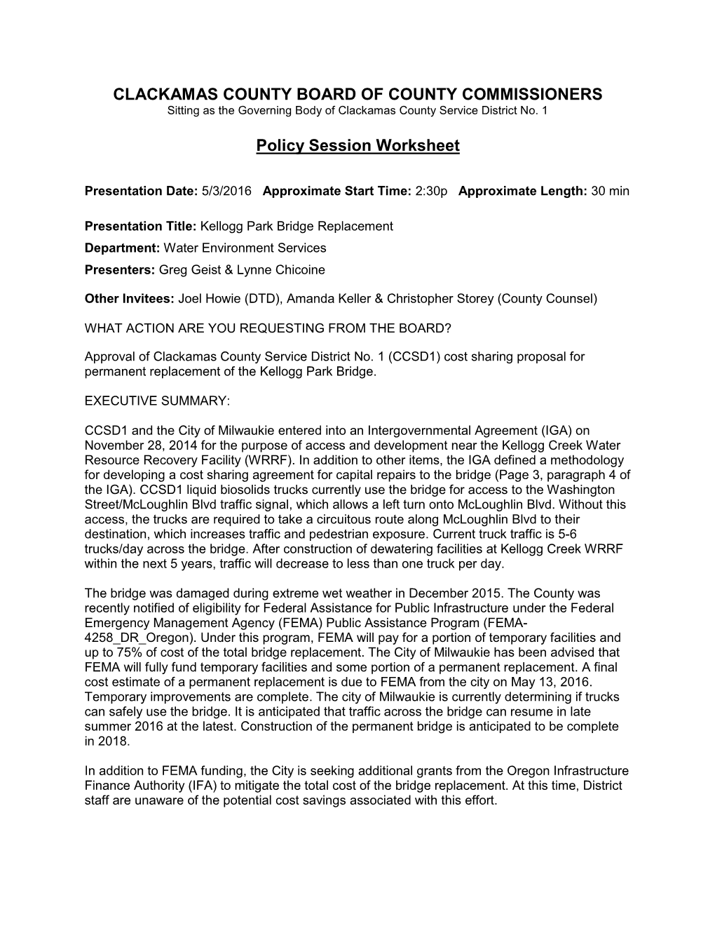 CLACKAMAS COUNTY BOARD of COUNTY COMMISSIONERS Policy Session Worksheet