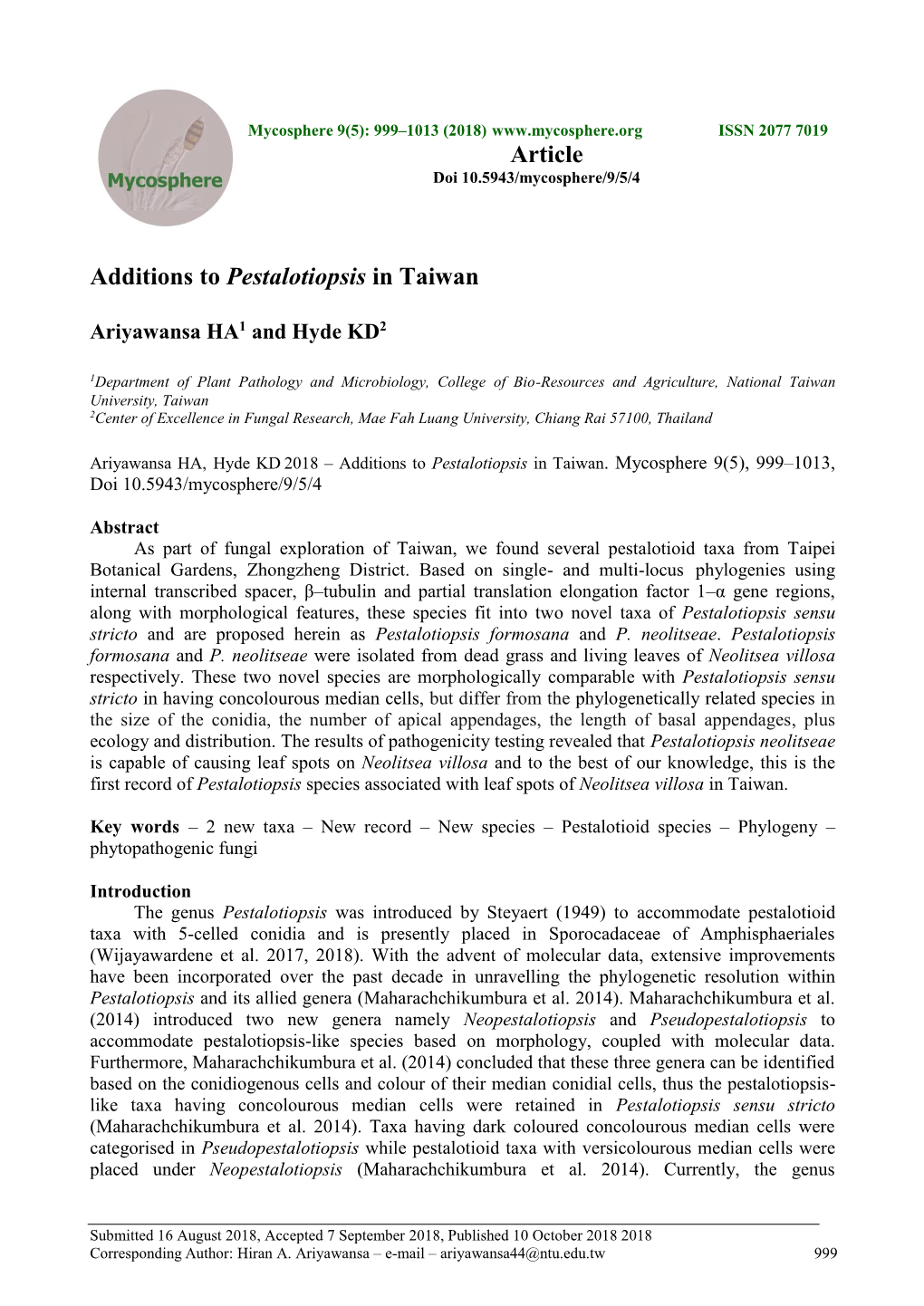 Additions to Pestalotiopsis in Taiwan Article