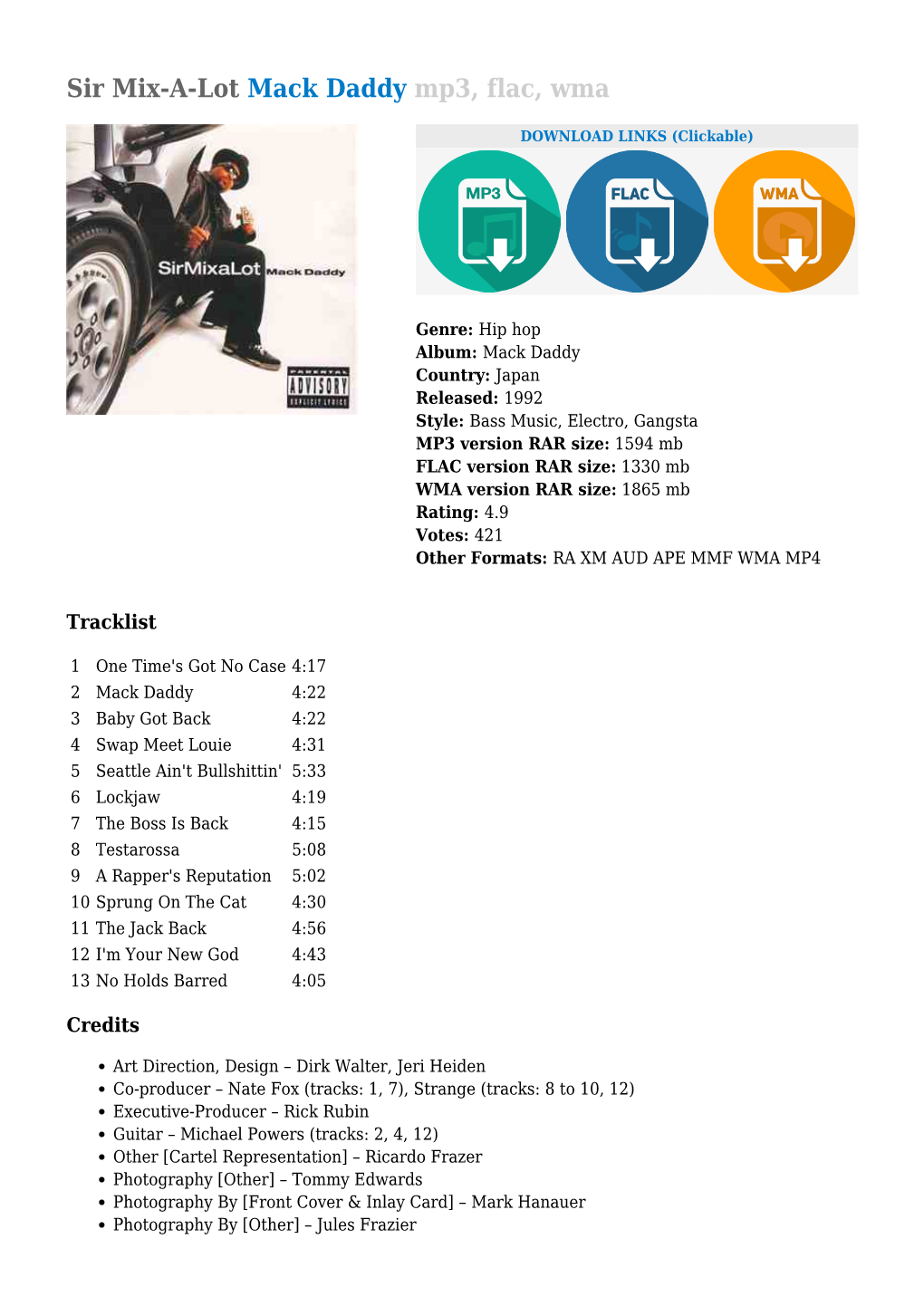 Sir Mix-A-Lot Mack Daddy Mp3, Flac, Wma