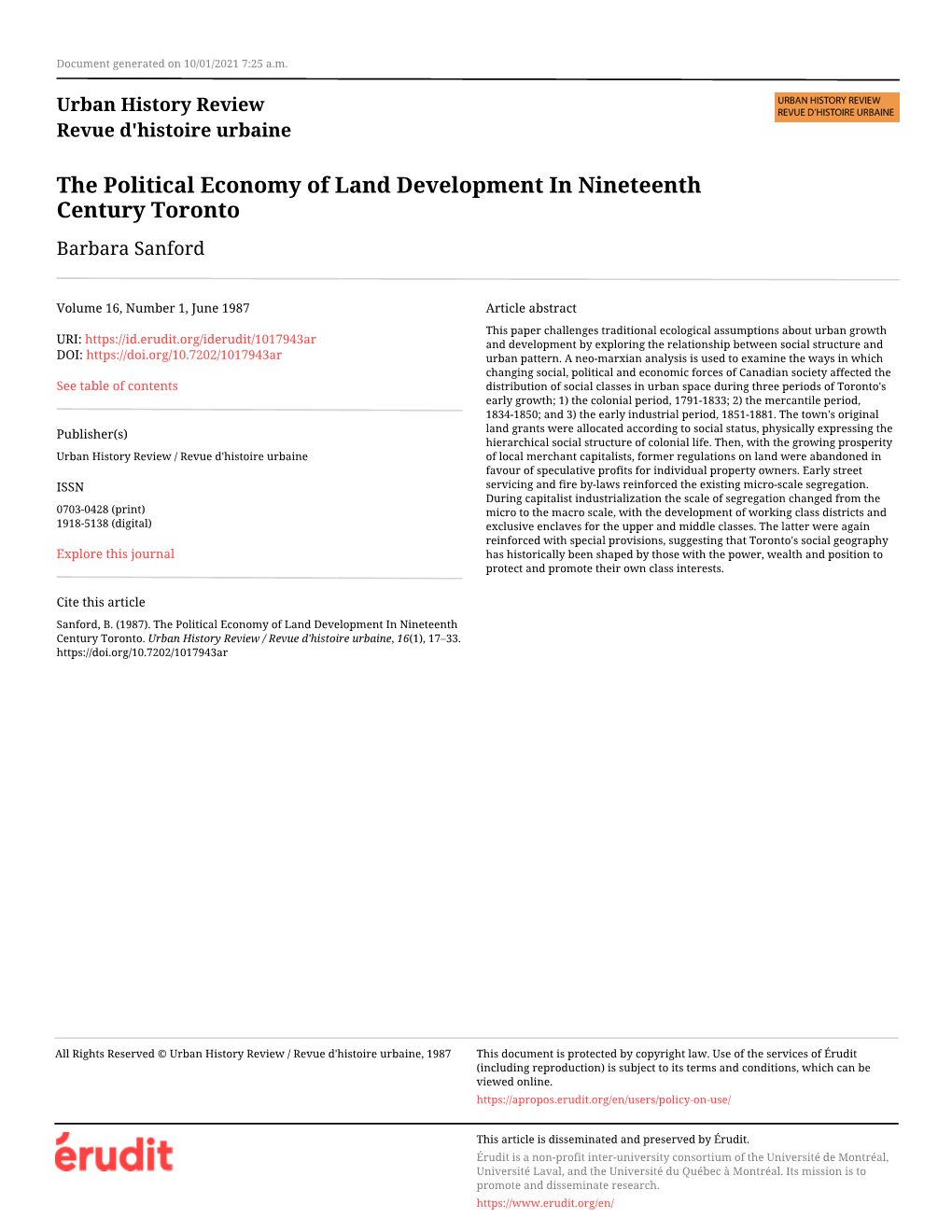 The Political Economy of Land Development in Nineteenth Century Toronto Barbara Sanford