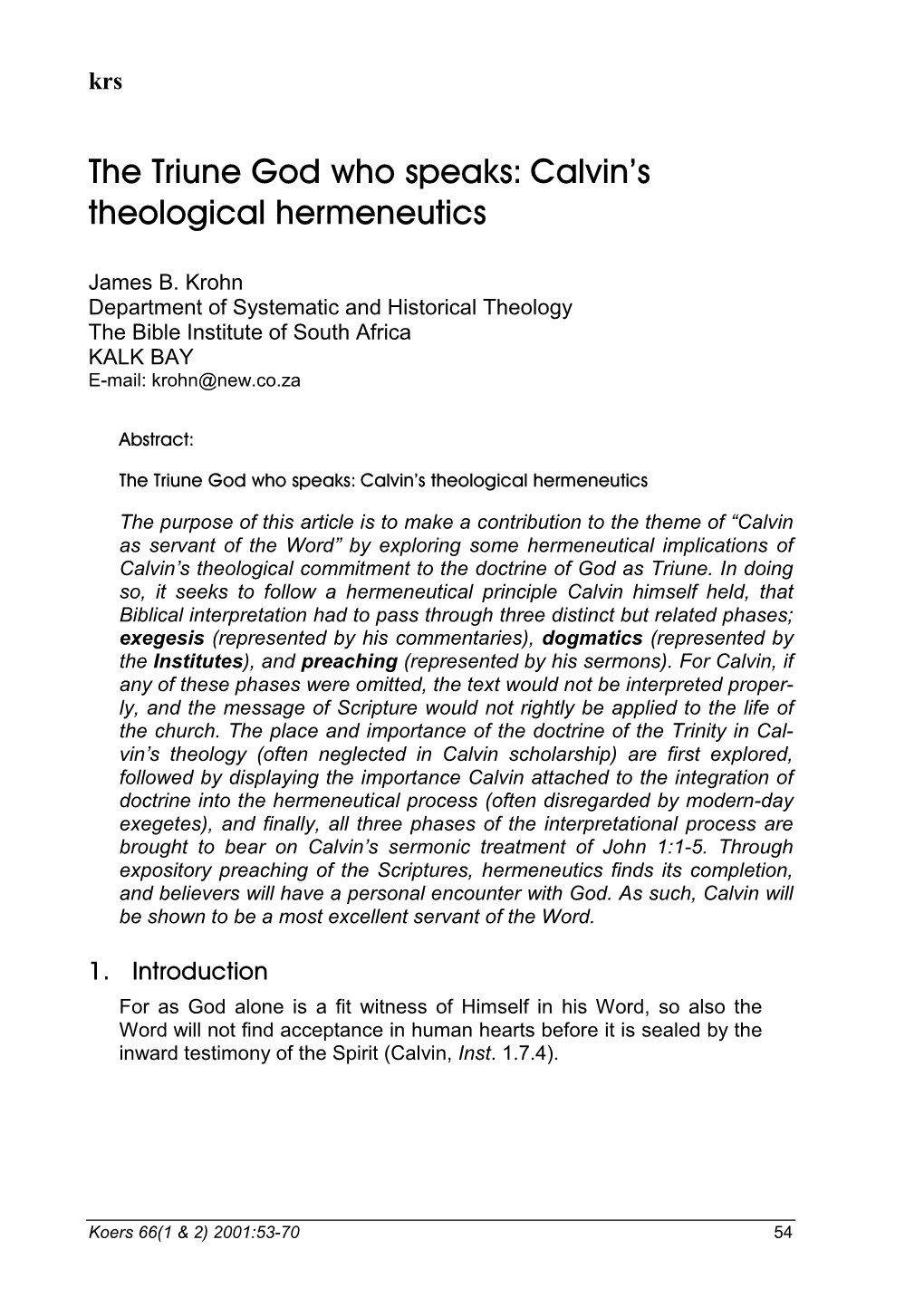 Calvin's Theological Hermeneutics