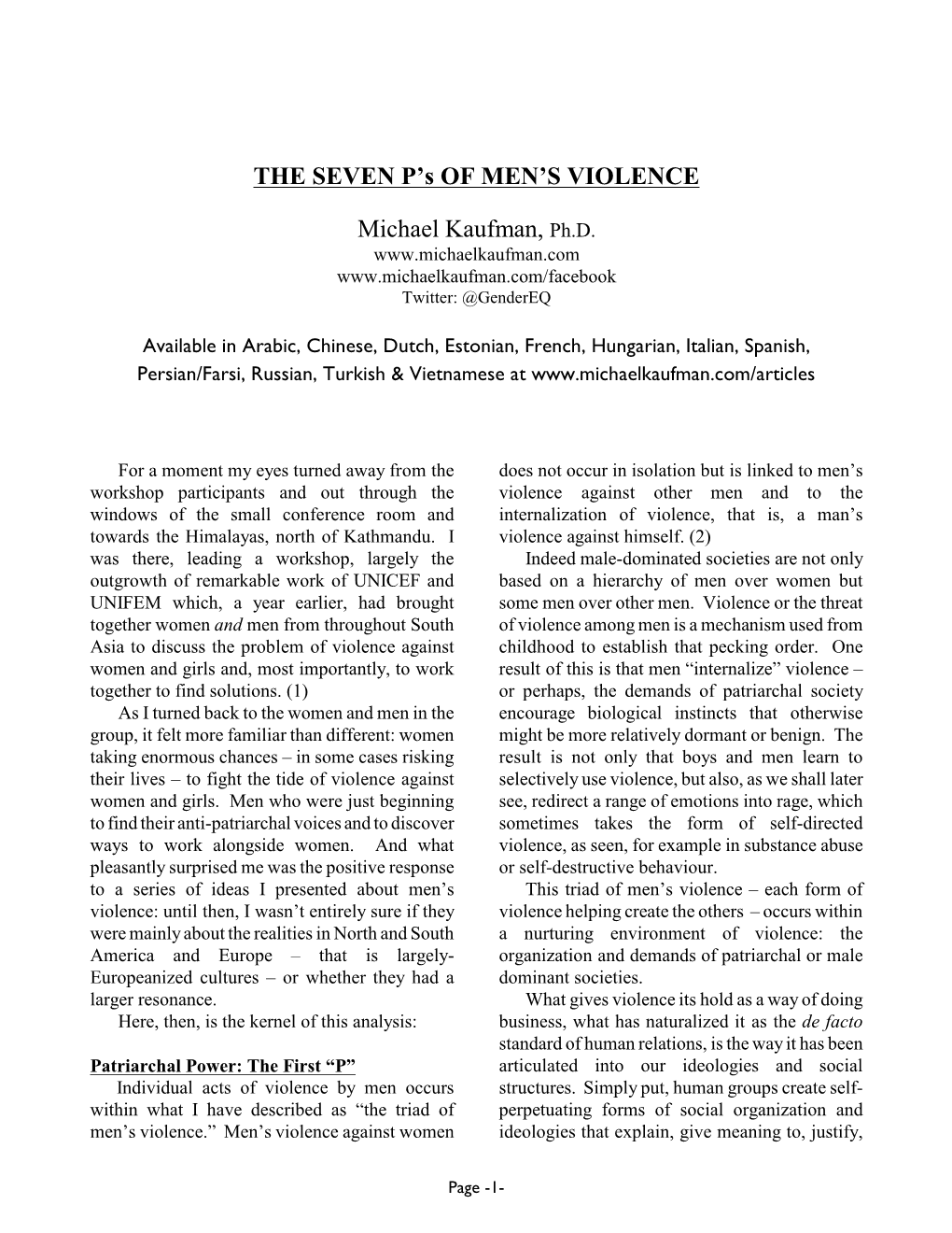 THE SEVEN P's of MEN's VIOLENCE Michael Kaufman, Ph.D