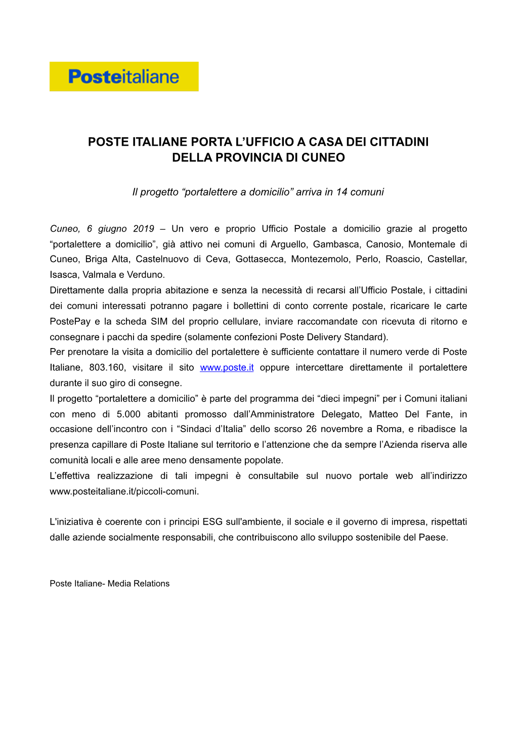 Poste Italiane Porta L'ufficio a Casa Dei Cittadini Della