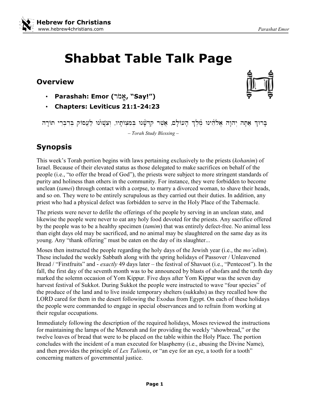 Shabbat Table Talk for Emor