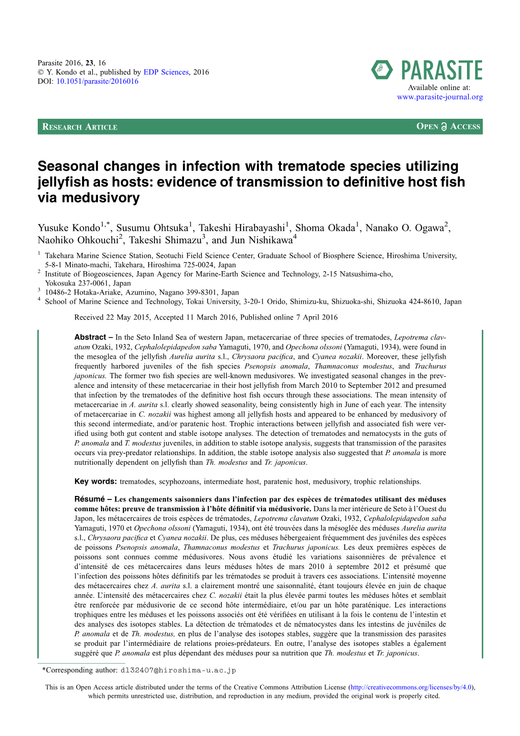 Seasonal Changes in Infection with Trematode Species Utilizing Jellyfish As Hosts: Evidence of Transmission to Definitive Host Fish Via Medusivory