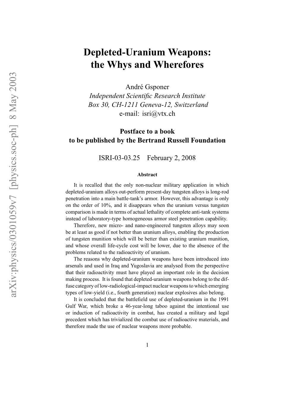 Depleted-Uranium Weapons: the Whys and Wherefores