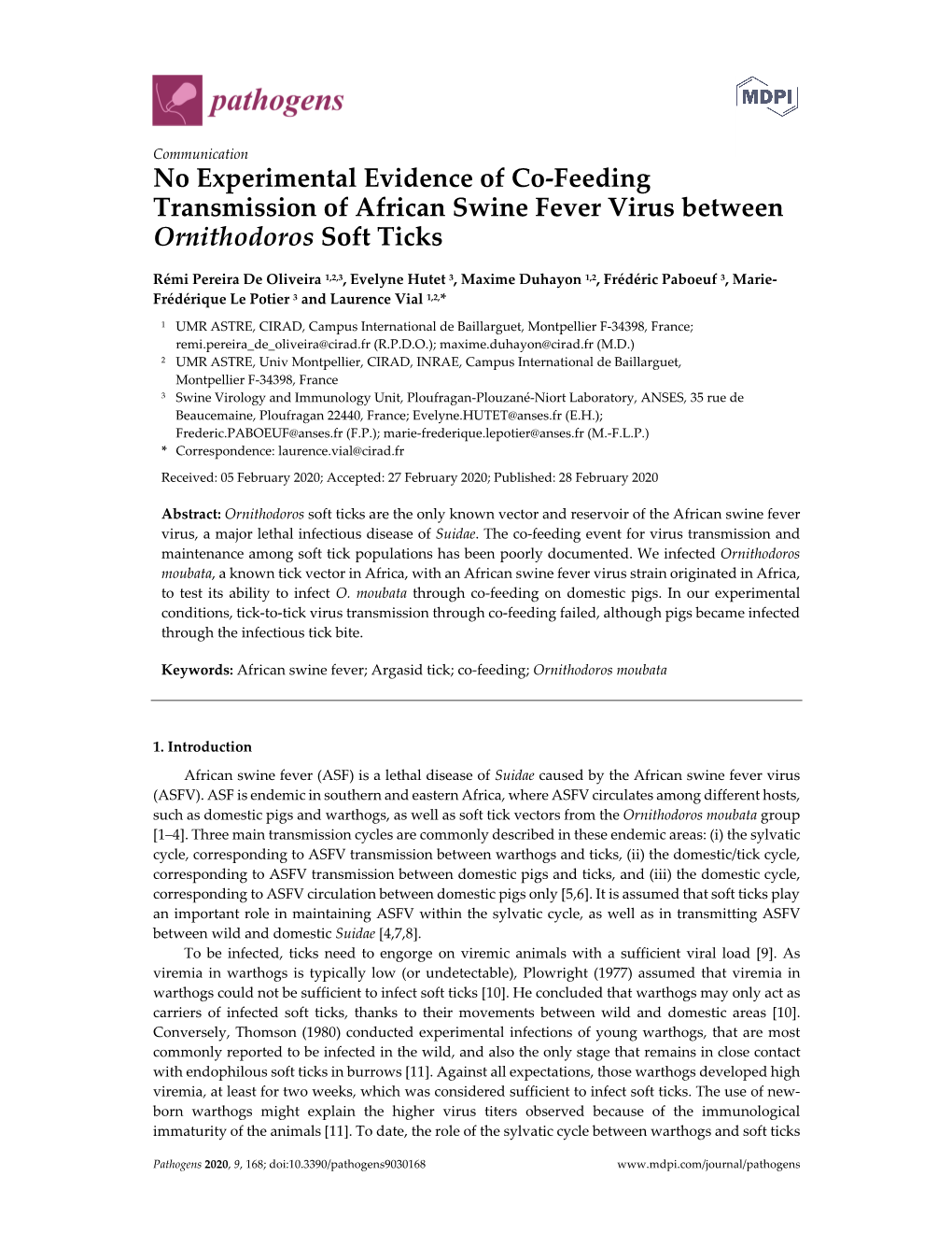 No Experimental Evidence of Co-Feeding Transmission of African Swine Fever Virus Between Ornithodoros Soft Ticks