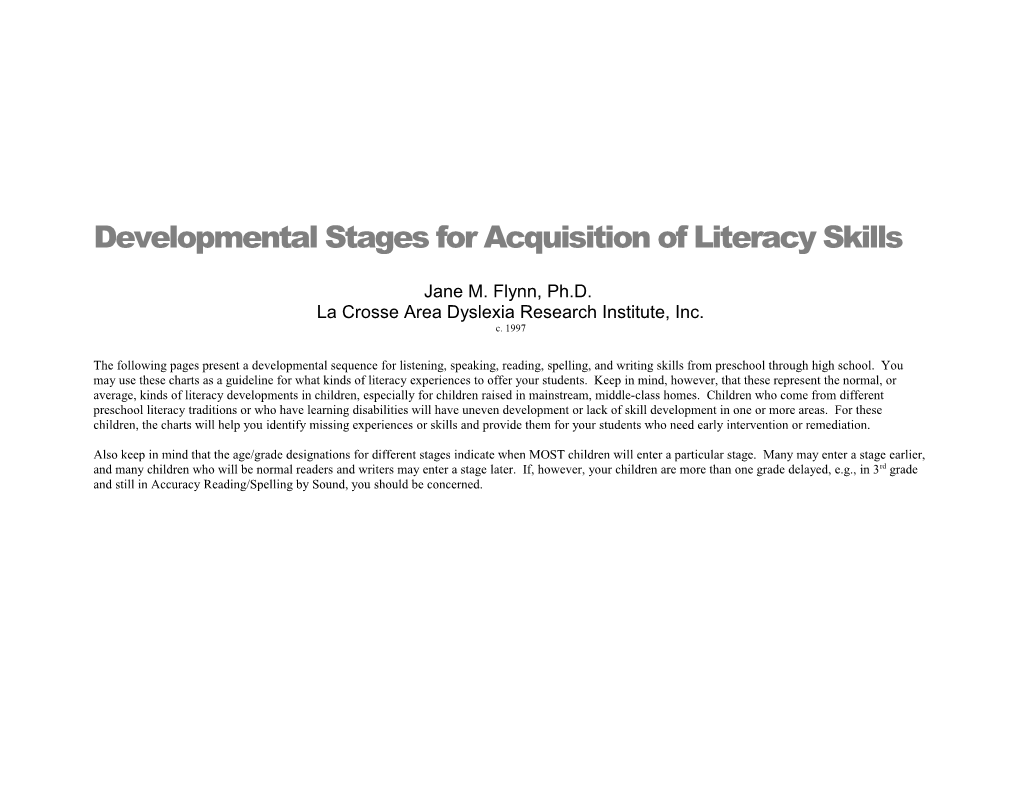 Developmental Stages For Acquisition Of Literacy Skills