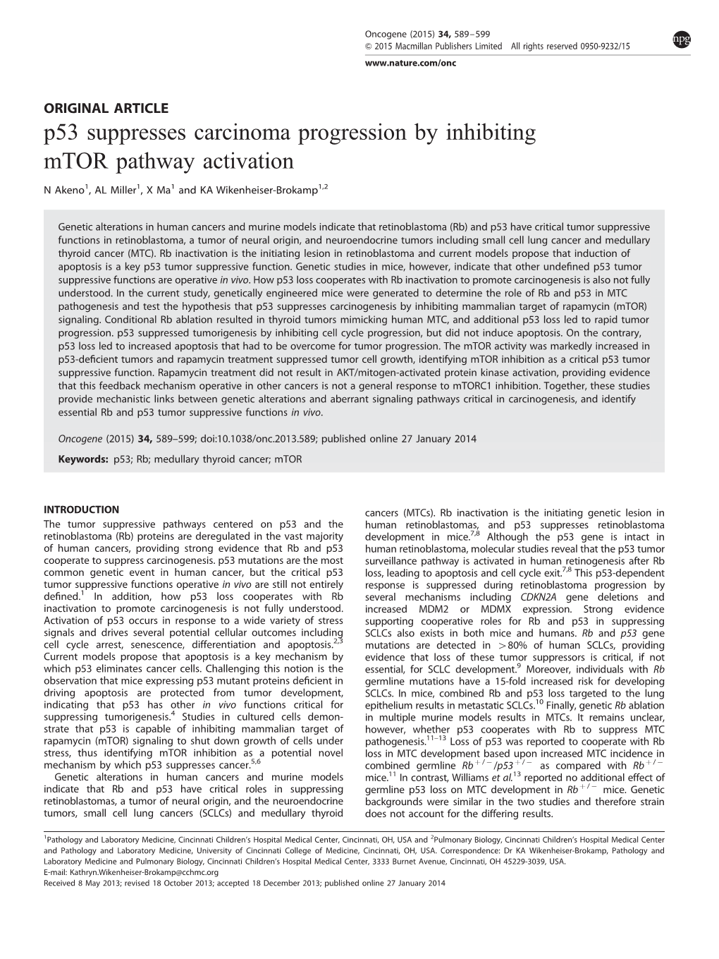 P53 Suppresses Carcinoma Progression by Inhibiting Mtor Pathway Activation