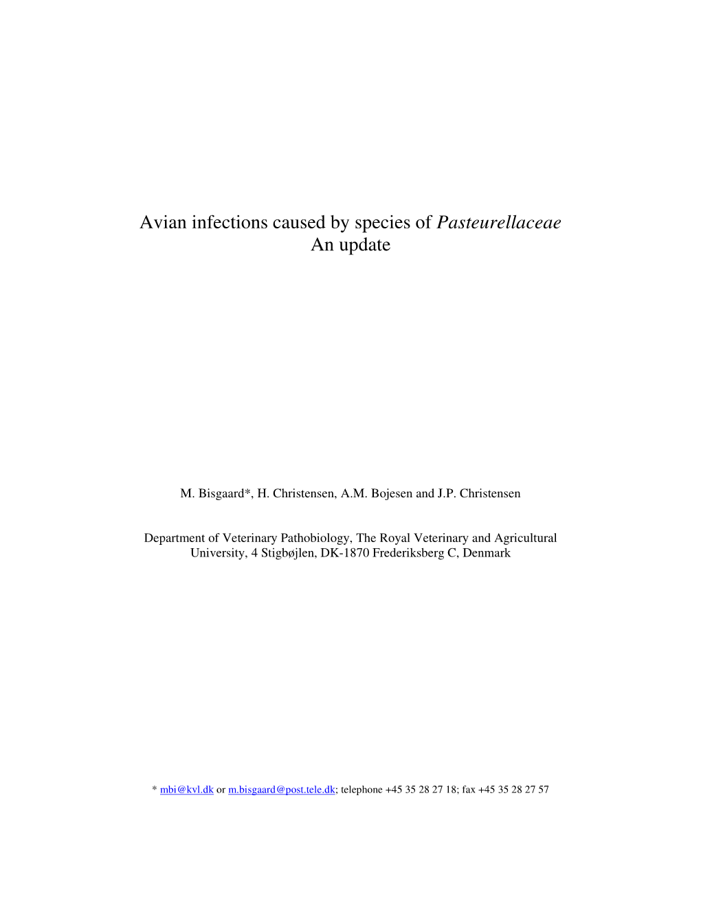 Avian Infections Caused by Species of Pasteurellaceae an Update