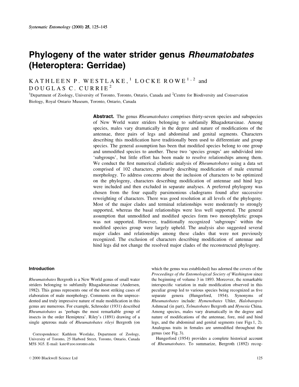 Phylogeny of the Water Strider Genus Rheumatobates (Heteroptera: Gerridae)