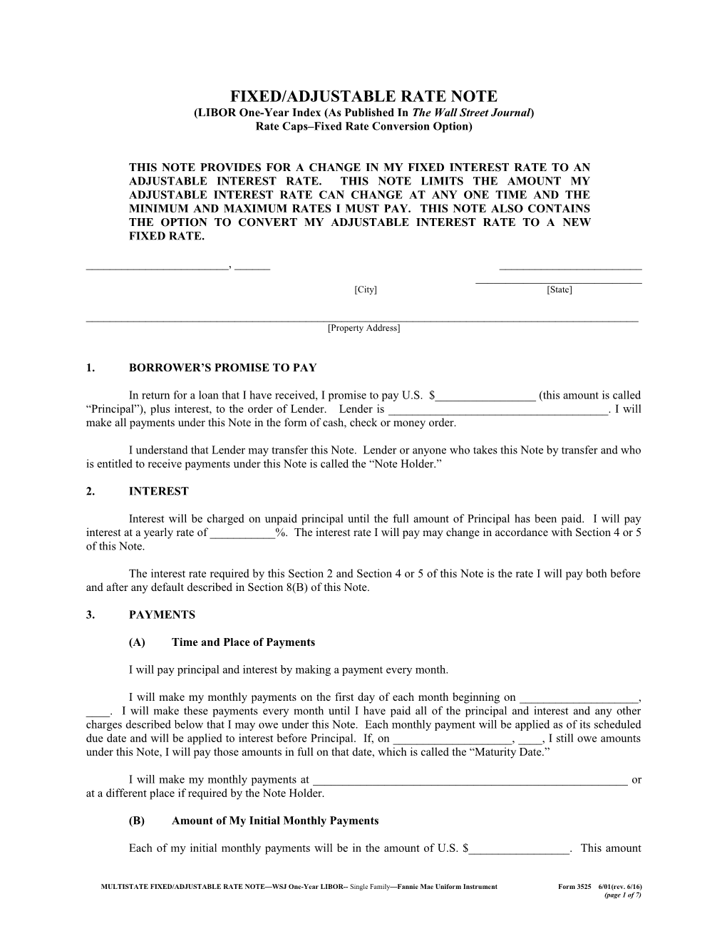 Multistate Fixed/Adjustable Rate Note - WSJ One-Year LIBOR (Form 3525): Word