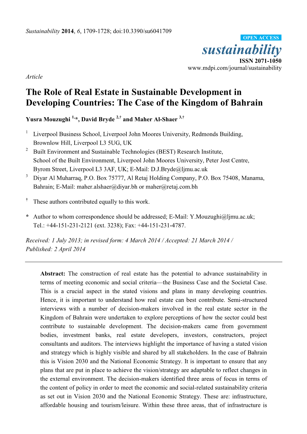 The Role of Real Estate in Sustainable Development in Developing Countries: the Case of the Kingdom of Bahrain