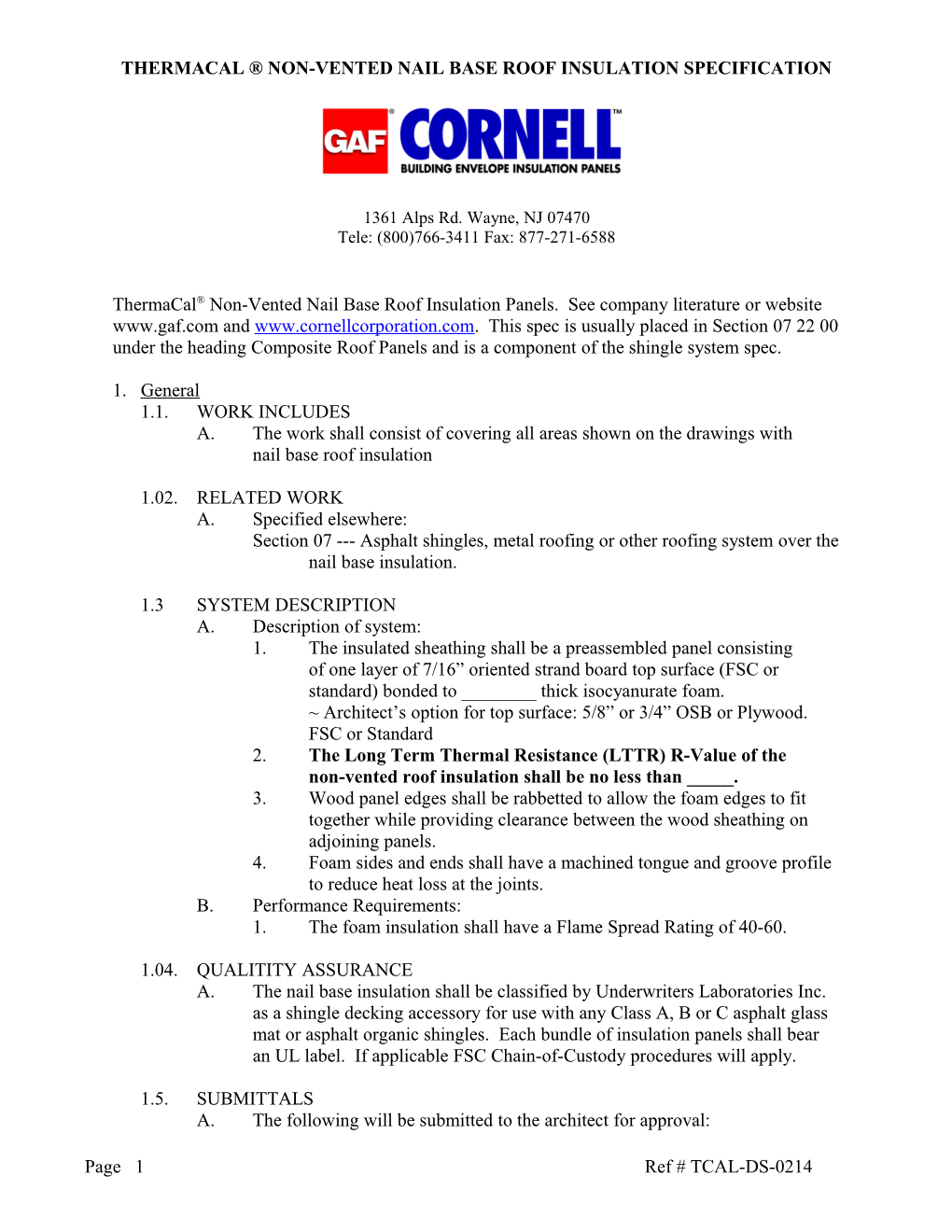 Thermacal Non-Vented Nail Base Roof Insulation Specification