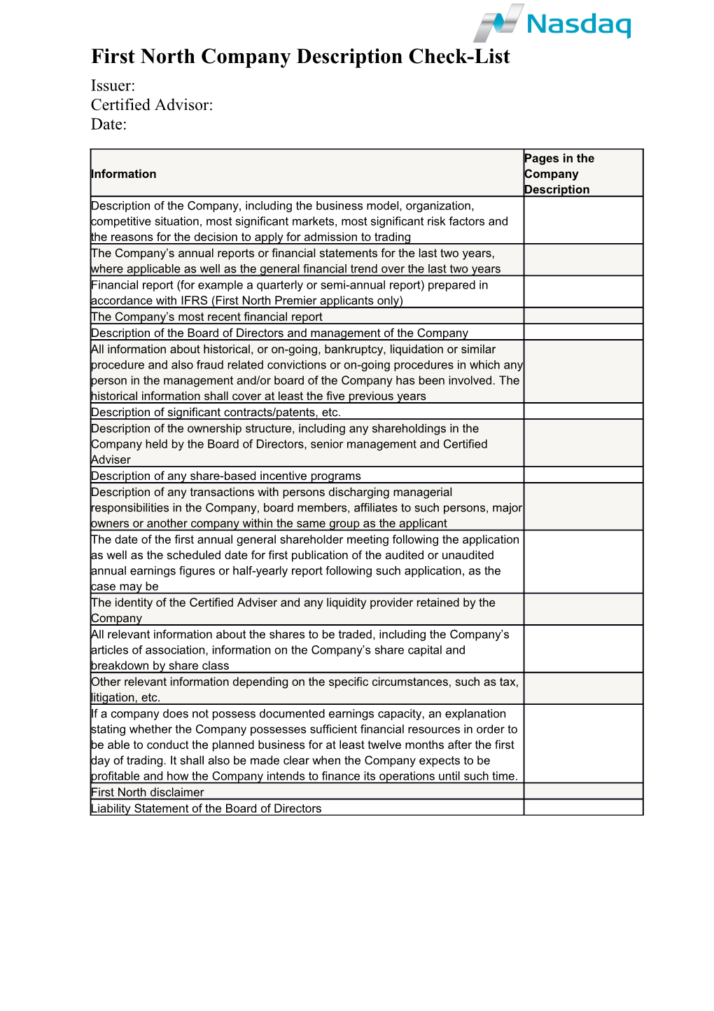 First North Company Description Check-List