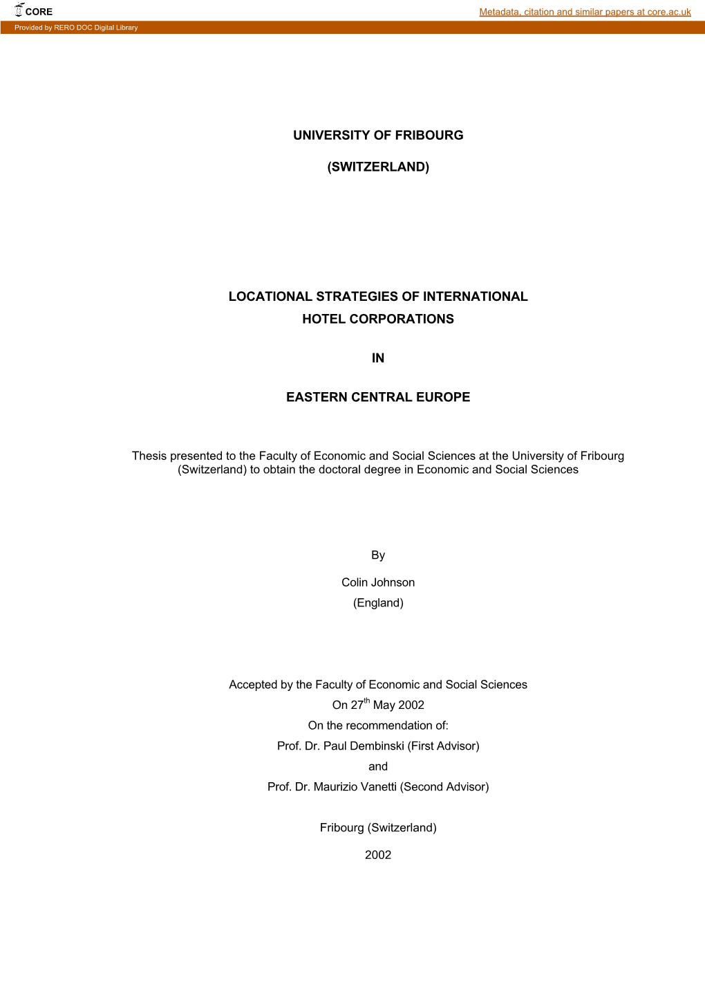 Locational Strategies of International Hotel Corporations in Eastern Central Europe ______