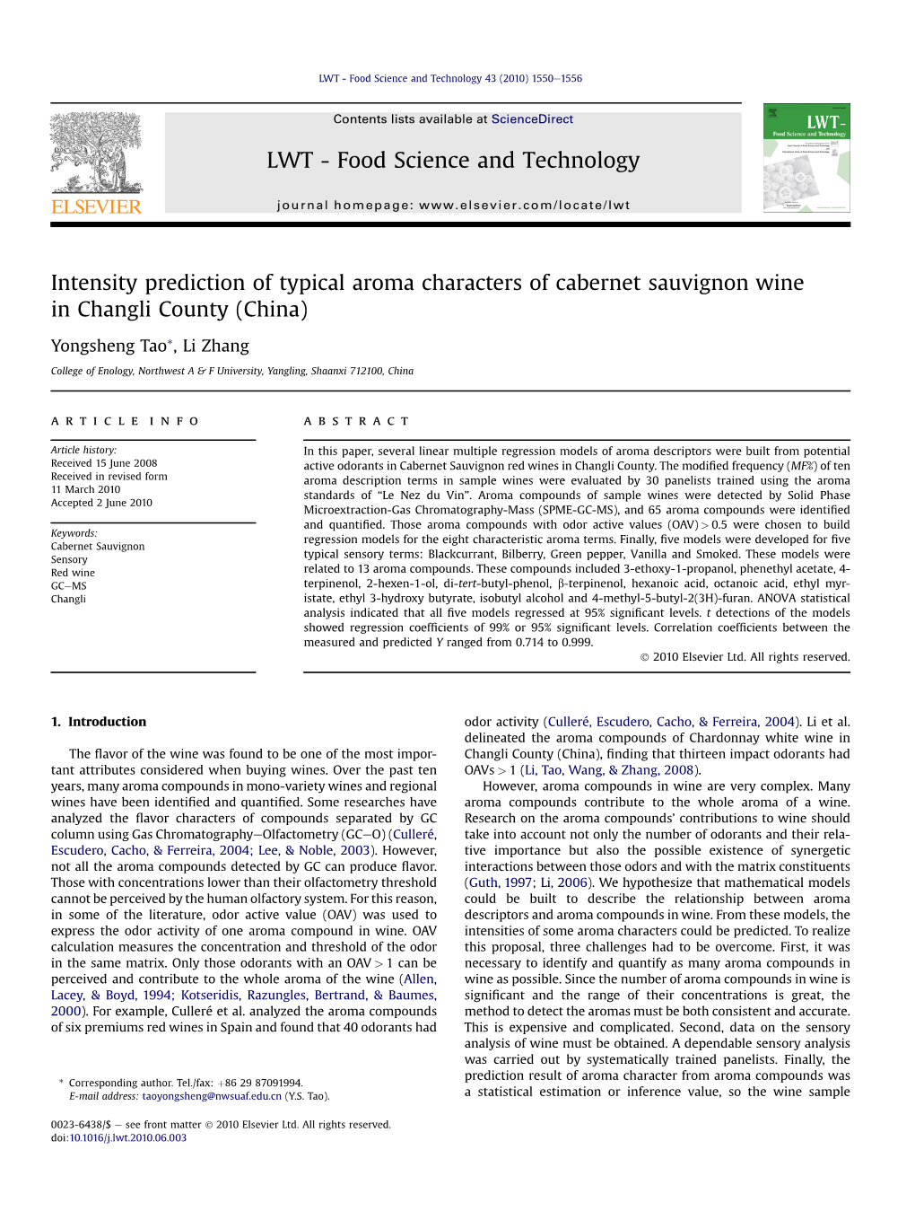 Intensity Prediction of Typical Aroma Characters of Cabernet Sauvignon Wine in Changli County (China)