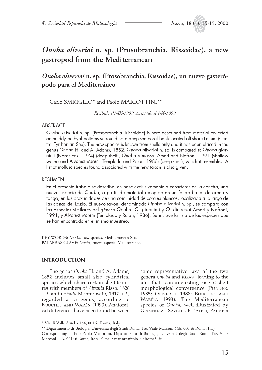 Onoba Oliverioi N. Sp. (Prosobranchia, Rissoidae), a New Gastropod from the Mediterranean