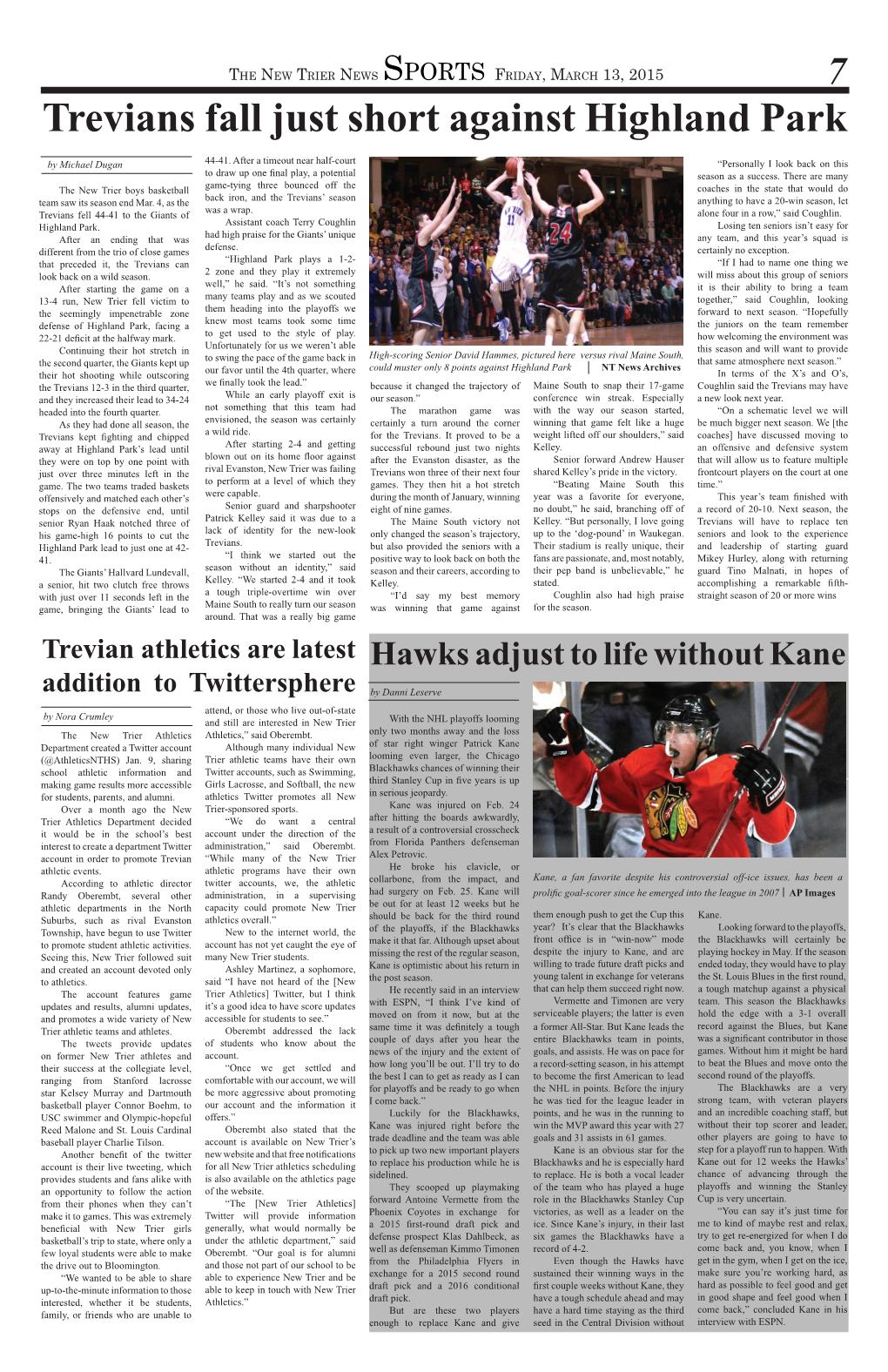 Sports Friday, March 13, 2015 7 Trevians Fall Just Short Against Highland Park