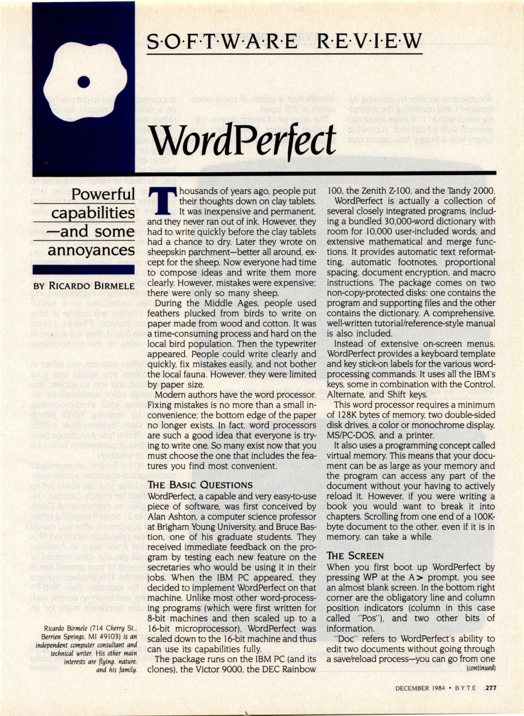 Wordperfect, December 1984, BYTE Magazine