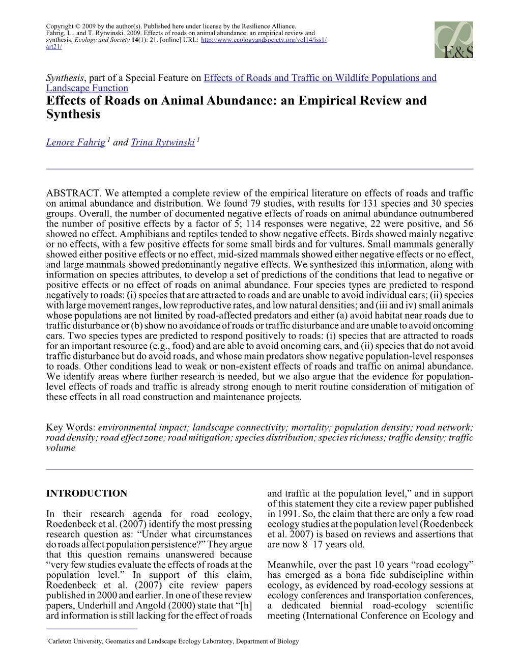 Effects of Roads on Animal Abundance: an Empirical Review and Synthesis