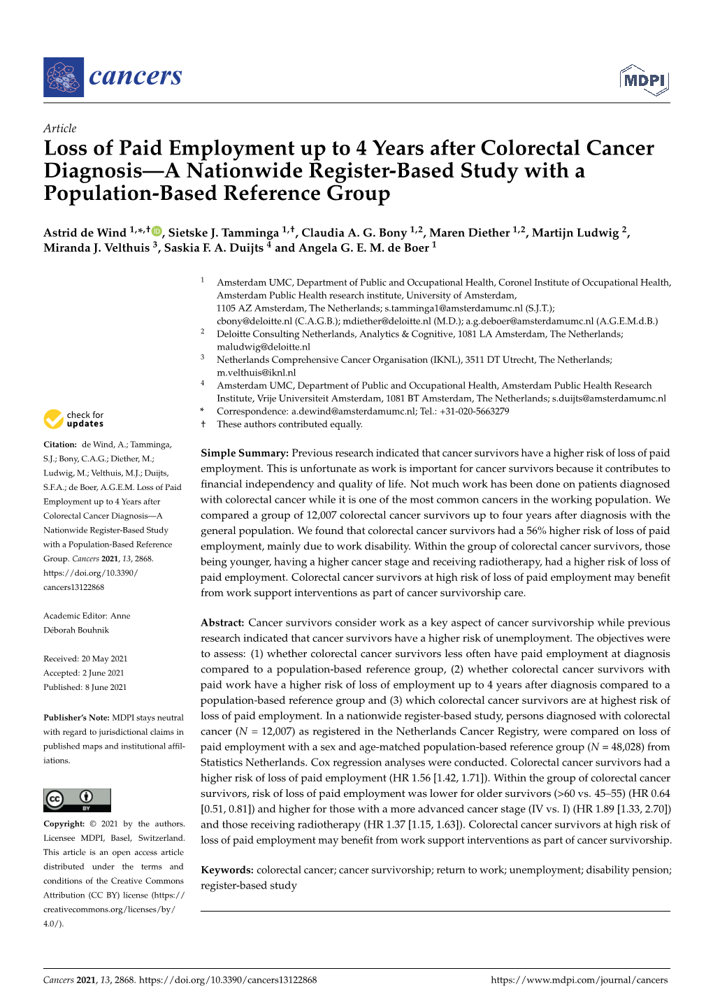 Loss of Paid Employment up to 4 Years After Colorectal Cancer Diagnosis—A Nationwide Register-Based Study with a Population-Based Reference Group