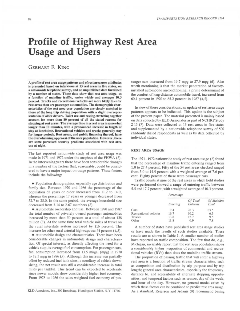 Profile of Highway Rest Area Usage and Users
