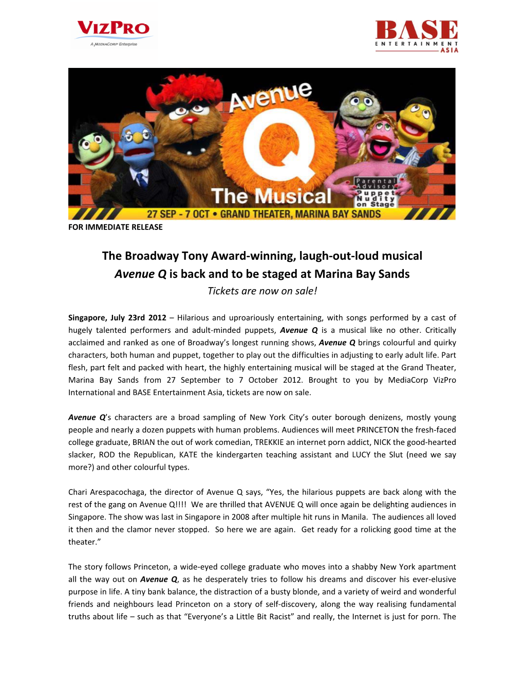 The Broadway Tony Award-Winning, Laugh-Out-Loud Musical Avenue Q Is Back and to Be Staged at Marina Bay Sands